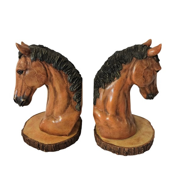 Other - Vintage Horse Head Bookends Rustic Wood Slice Base Decorative Set